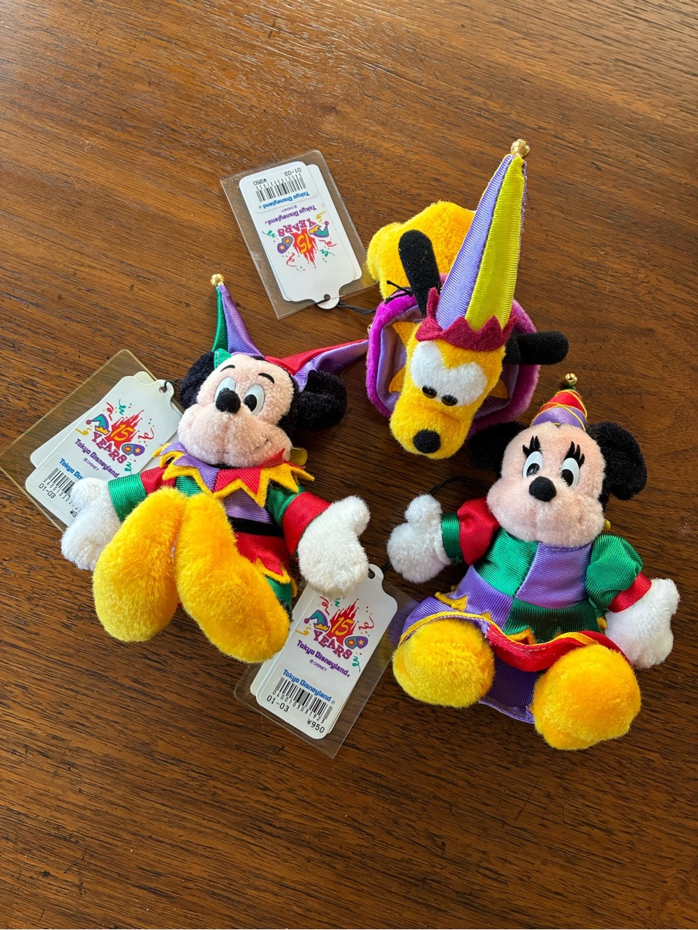 RARE 1998 Tokyo Disneyland 15th Anniv 5" Jester Plush Triad Set + Tag Protectors